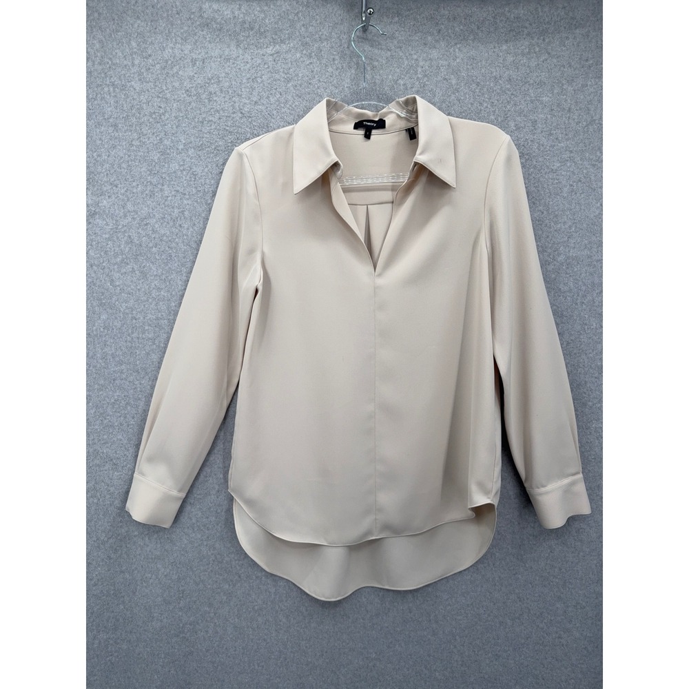Theory V-Neck Blouse Women S Beige Matte Twill Long Sleeve Pullover High Low